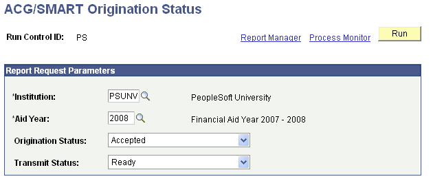 ACG (Academic Competitiveness Grant)/SMART (Science and Mathematics Access to Retain Talent grant) Origination Status page