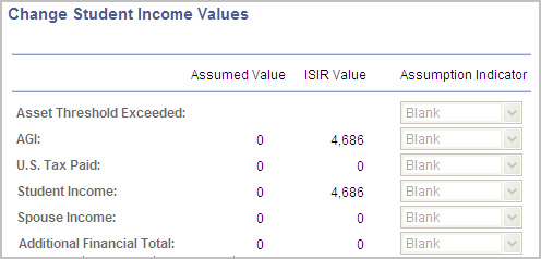 Change Student Income Values page