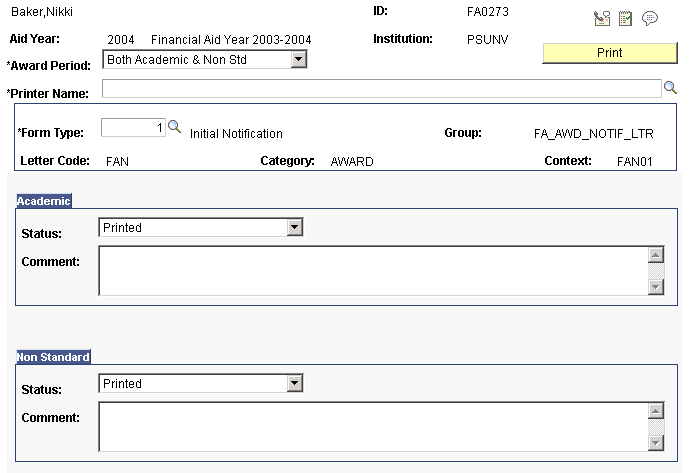 FE Award Notification Student Defaults page