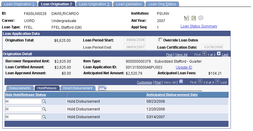 Loan Origination 2 page: Hold/Release tab