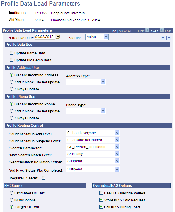 PROFILE Data Load Parameters page