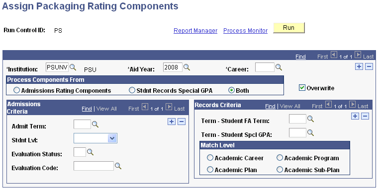 Assign Packaging Rating Components page