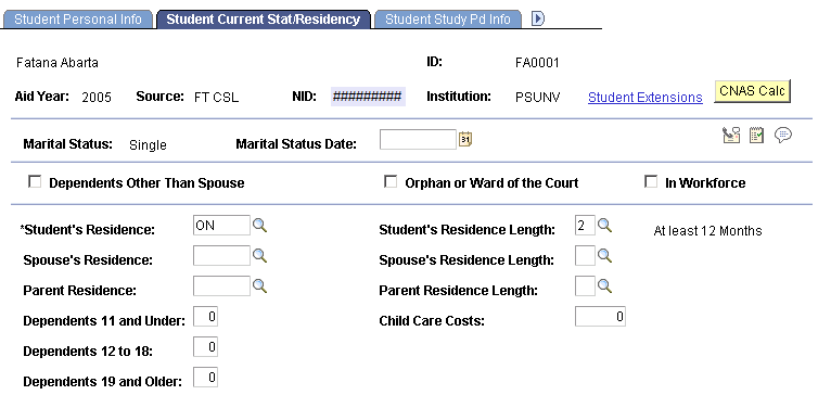 Student Current Stat (status)/Residency page
