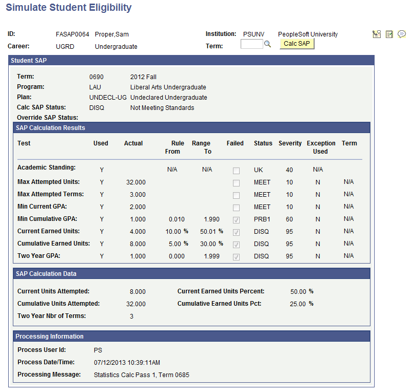 Simulate Student Eligibility page