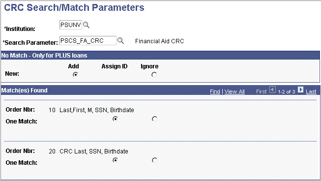 CRC (Common Record CommonLine) Search/Match Parameters page
