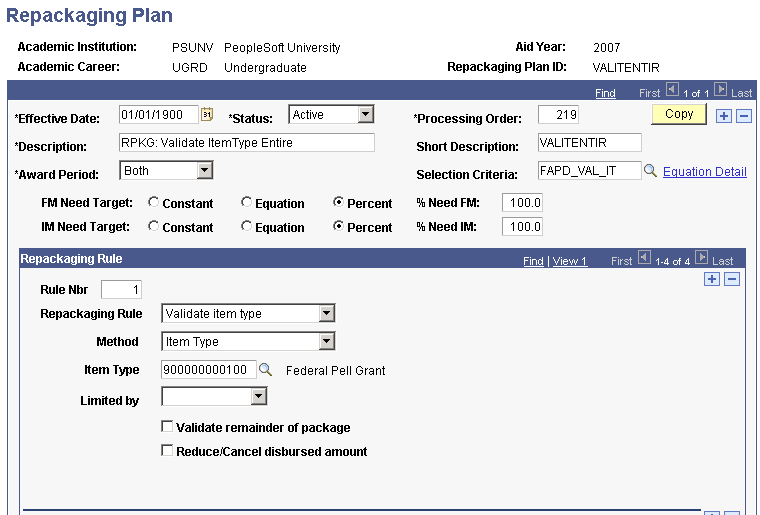 Example of a multiple-rule Repackaging Plan page (1 of 2)