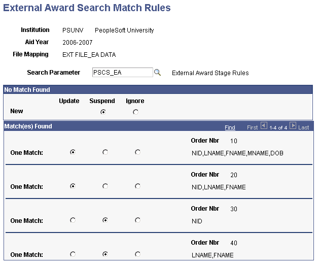 External Award Search Match Rules page