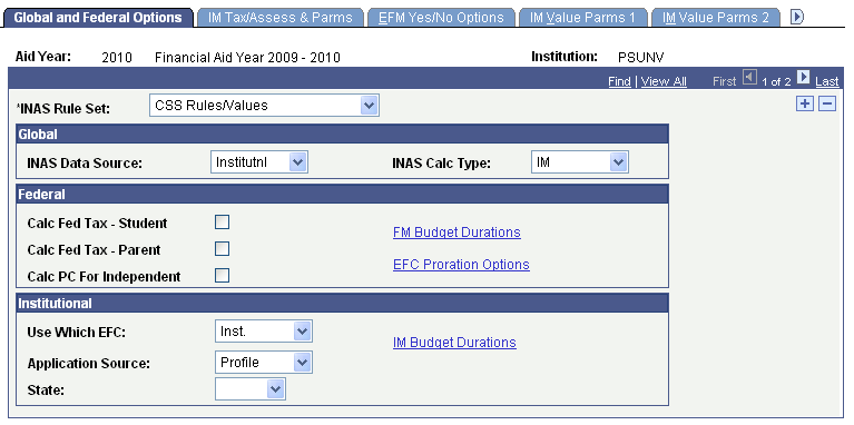 Global and Federal Options page
