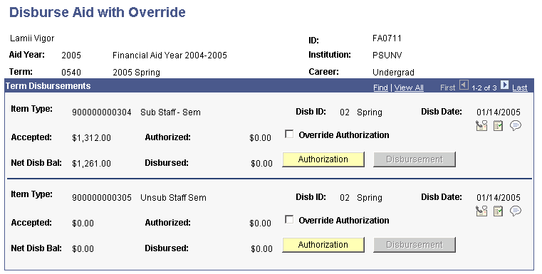 Disburse Aid with Override page