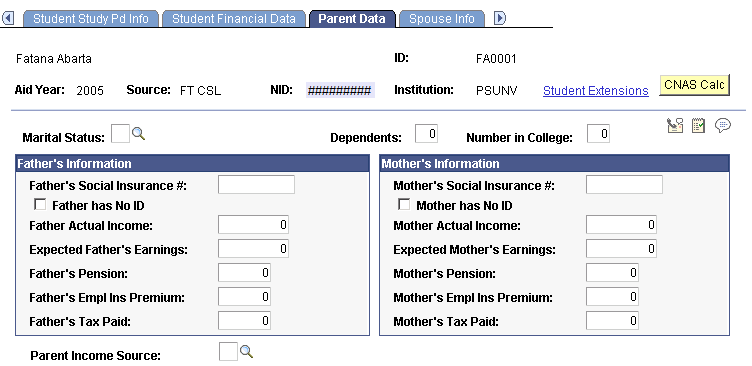 Parent Data page