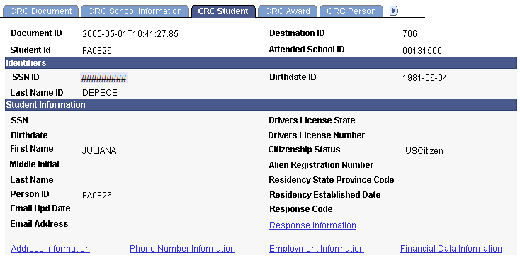 CRC (Common Record CommonLine) Student page