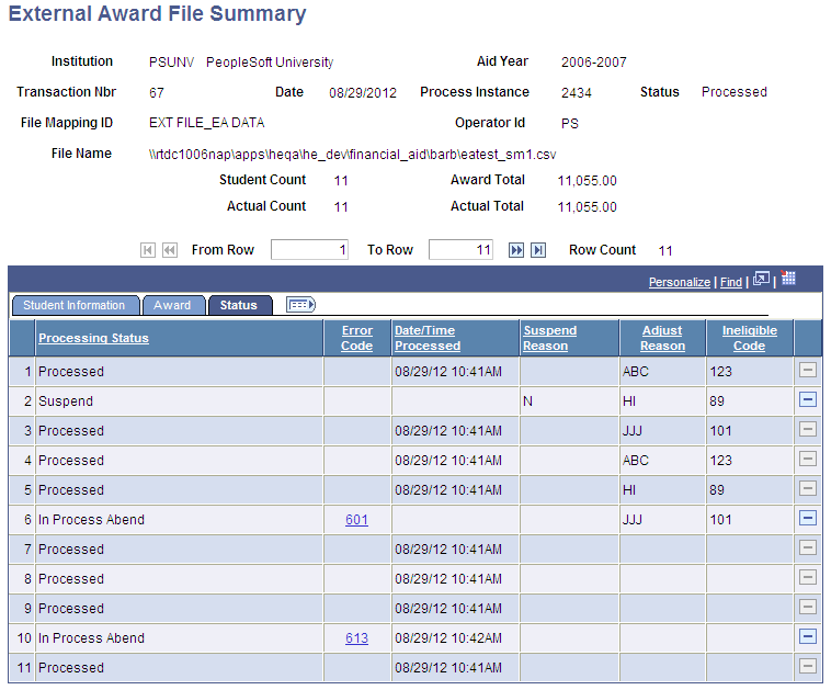 External Award File Summary page, Status tab