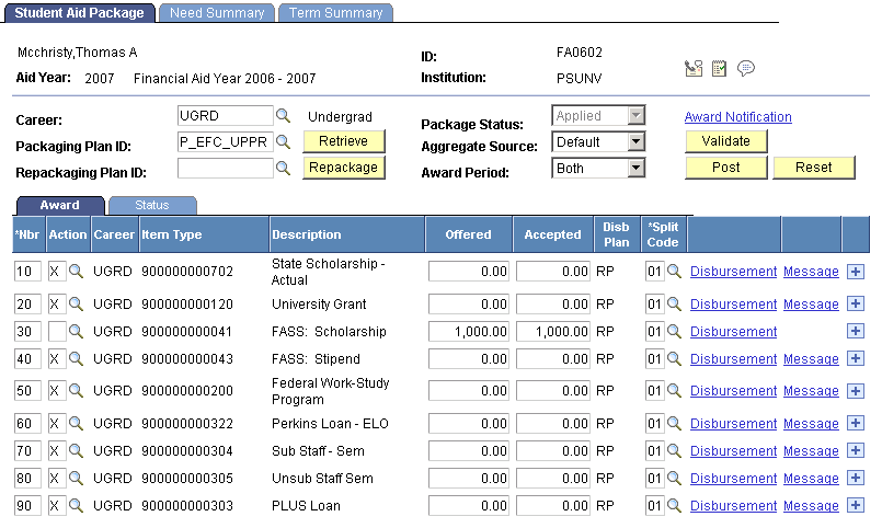 Student Aid Package page