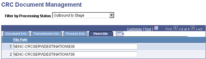 CRC Document Management page: Override tab