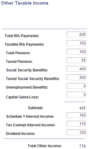 Other Taxable Income page - 1040A Tax Form