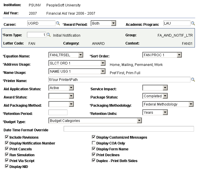 FE Award Notification Defaults page