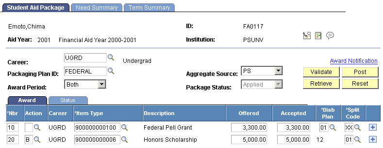 Student Aid Package page with an Award Period value of Both, adding the Honors Scholarship (Based on Pell Grant awarding functionality for the 2009 and prior aid years.)