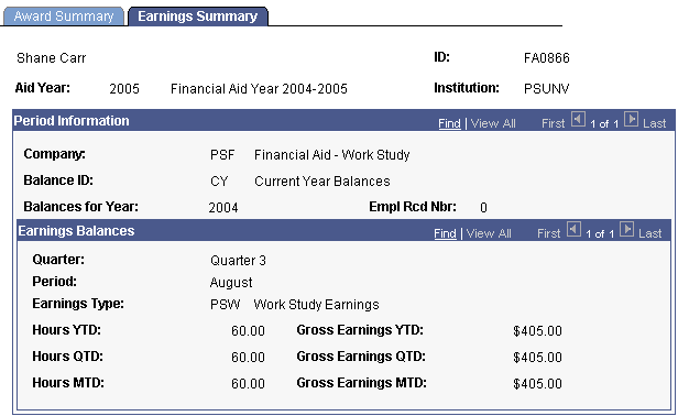 Earnings Summary page