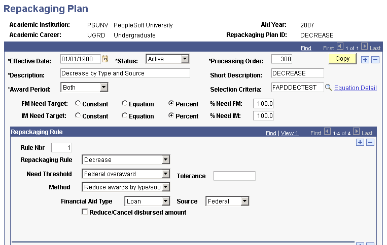 Example of the Repackaging Plan page with multiple decrease rules (1 of 2)