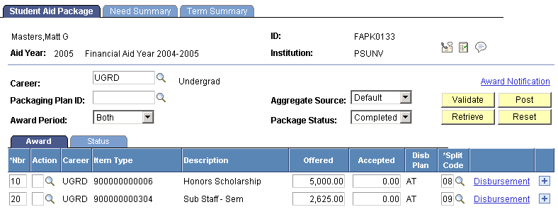 Student Aid Package page