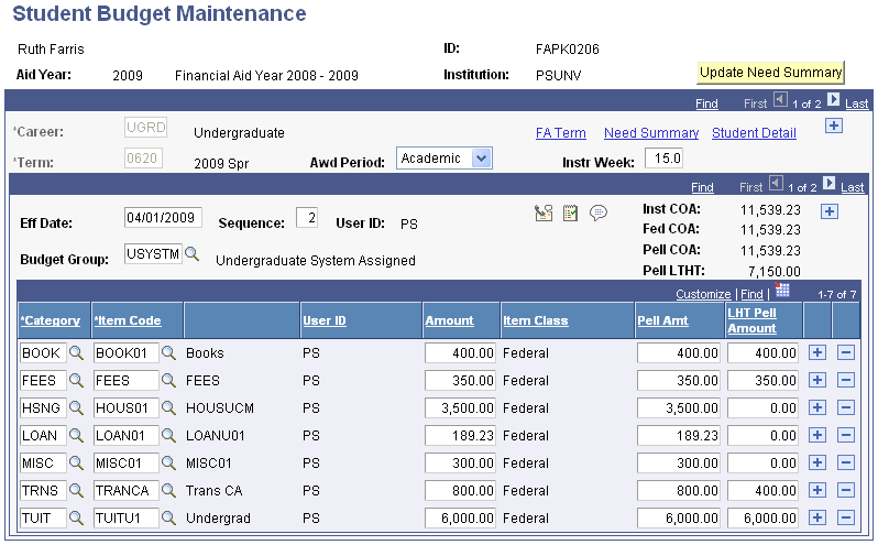 Student Budget Maintenance page