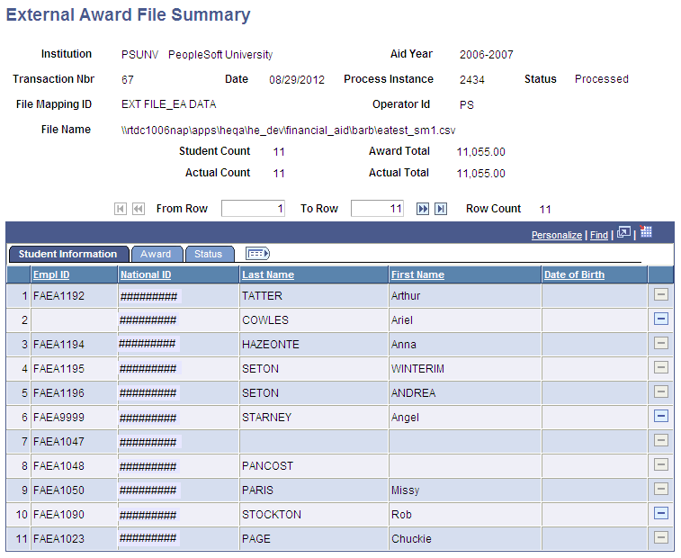 External Award File Summary page, Student Information tab