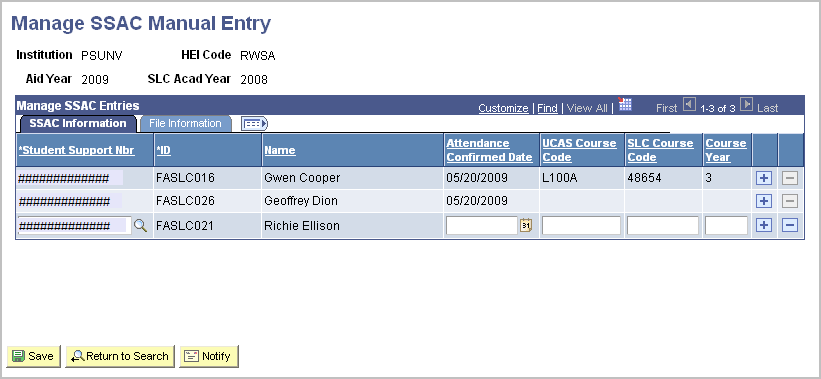 Manage SSAC Manual Entry page