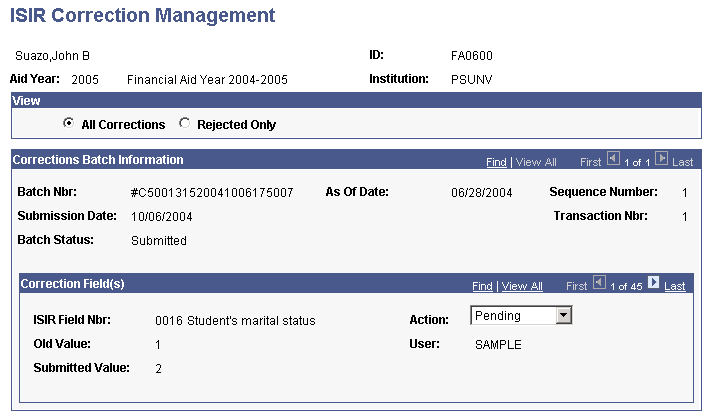 ISIR Corrections Management page