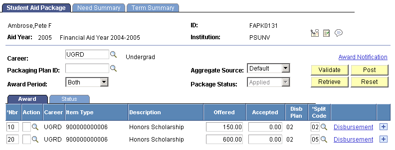Student Aid Package page with two instances of Honors Scholarship