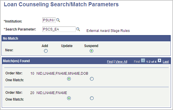 Loan Counseling Search/Match Parameters page