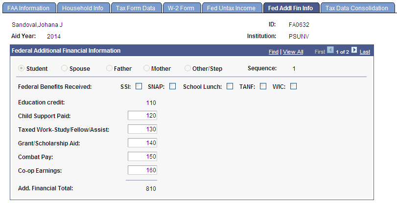 Fed (federal) Addl (additional) Fin (financial) Info (information) page