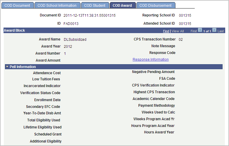 COD (Common Origination and Disbursement) Award page (1 of 3)