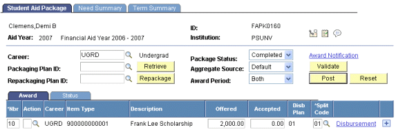 Example of the Student Aid Package page with an award in Offered status