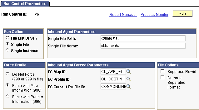 Inbound EC (electronic commerce) Agent - Run Control Parameters page