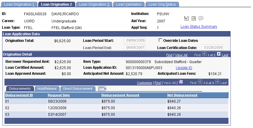 Loan Origination 2 page: Disbursements tab