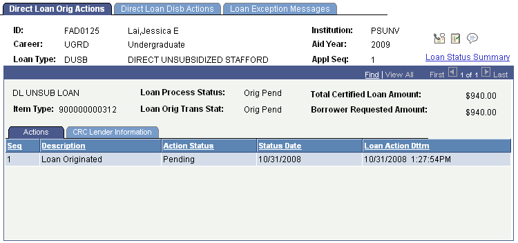 Direct Loan Orig Actions page