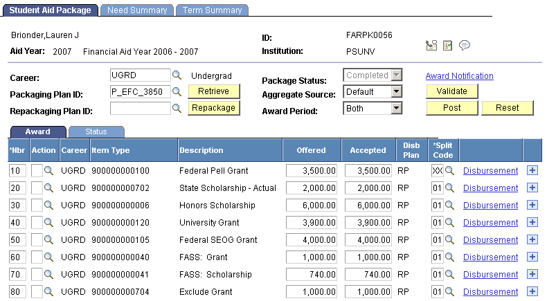 Original Package, Student Aid Package page