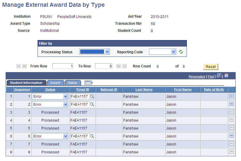 Manage External Award Data by Type page, Student Information tab