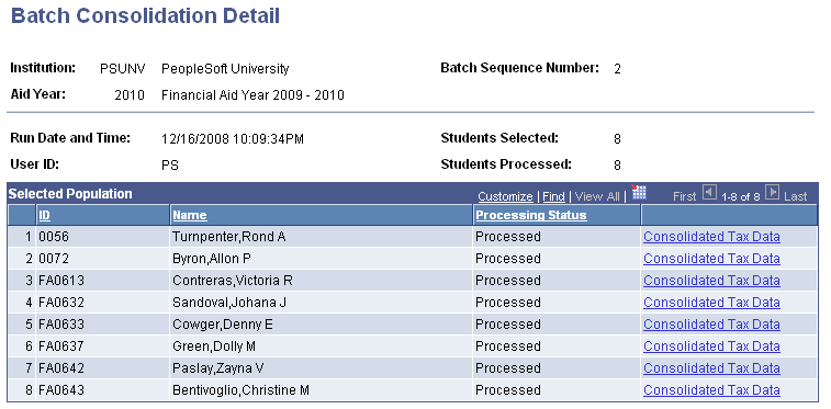 Batch Consolidation Detail page