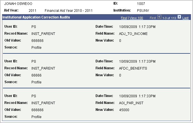 Institutional Application Correction Audits page