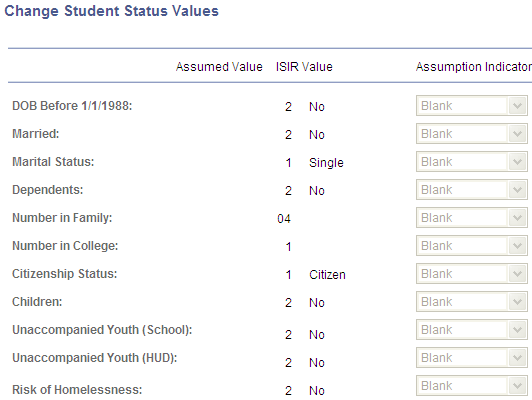 Change Student Status Values page