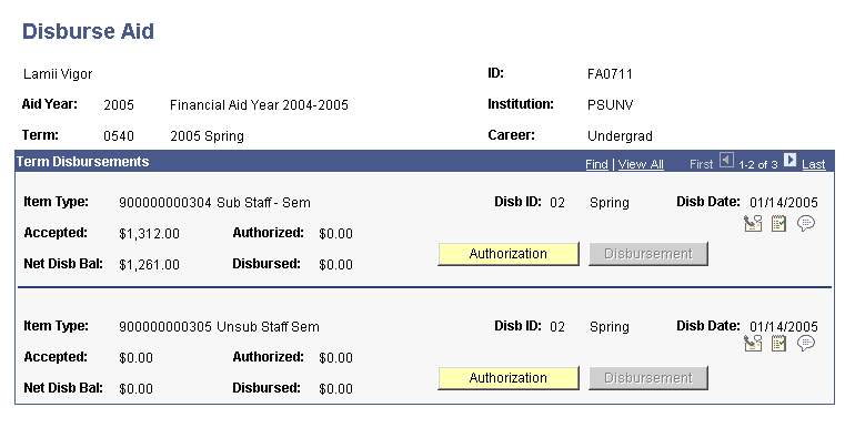 Disburse Aid page