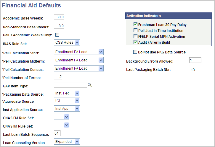 Financial Aid Defaults page