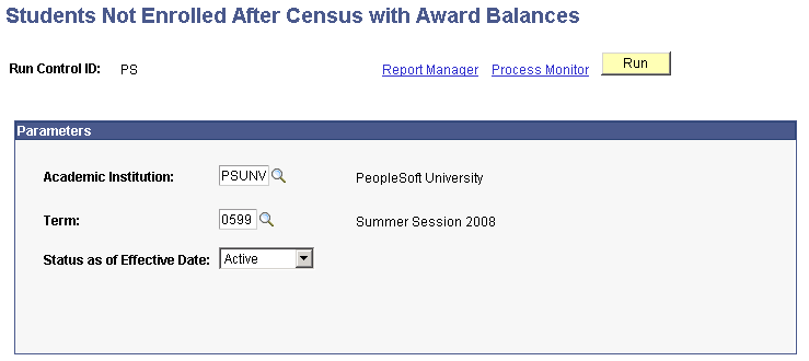 Students Not Enrolled After Census with Award Balances page