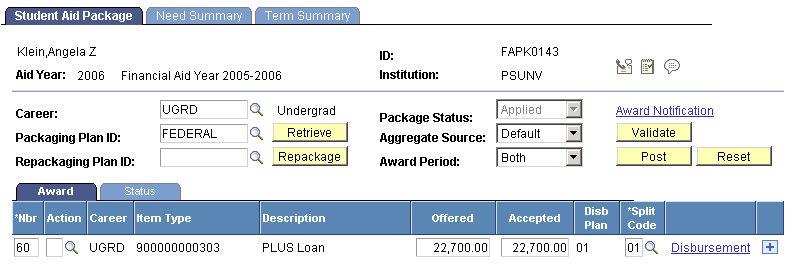 Student Aid Package page: Award tab