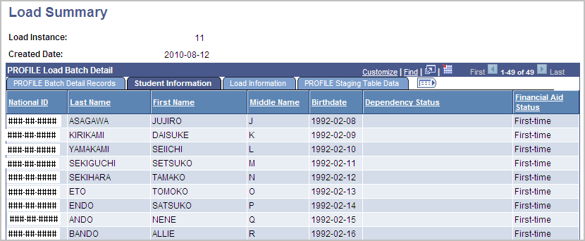 PROFILE Load Summary page, Student Information tab