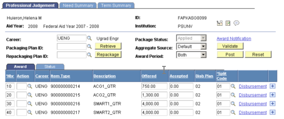 Professional Judgement page: Award tab