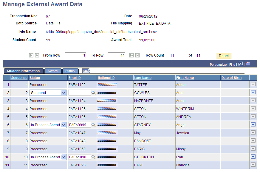 Manage External Award Data page, Student Information tab