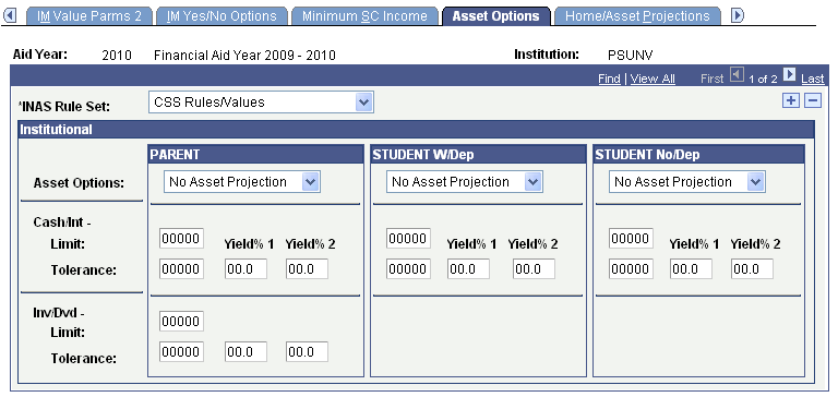 Asset Options page