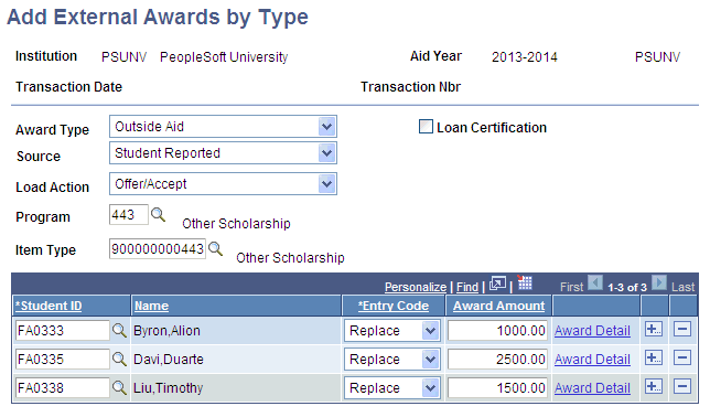 Add External Awards by Type page